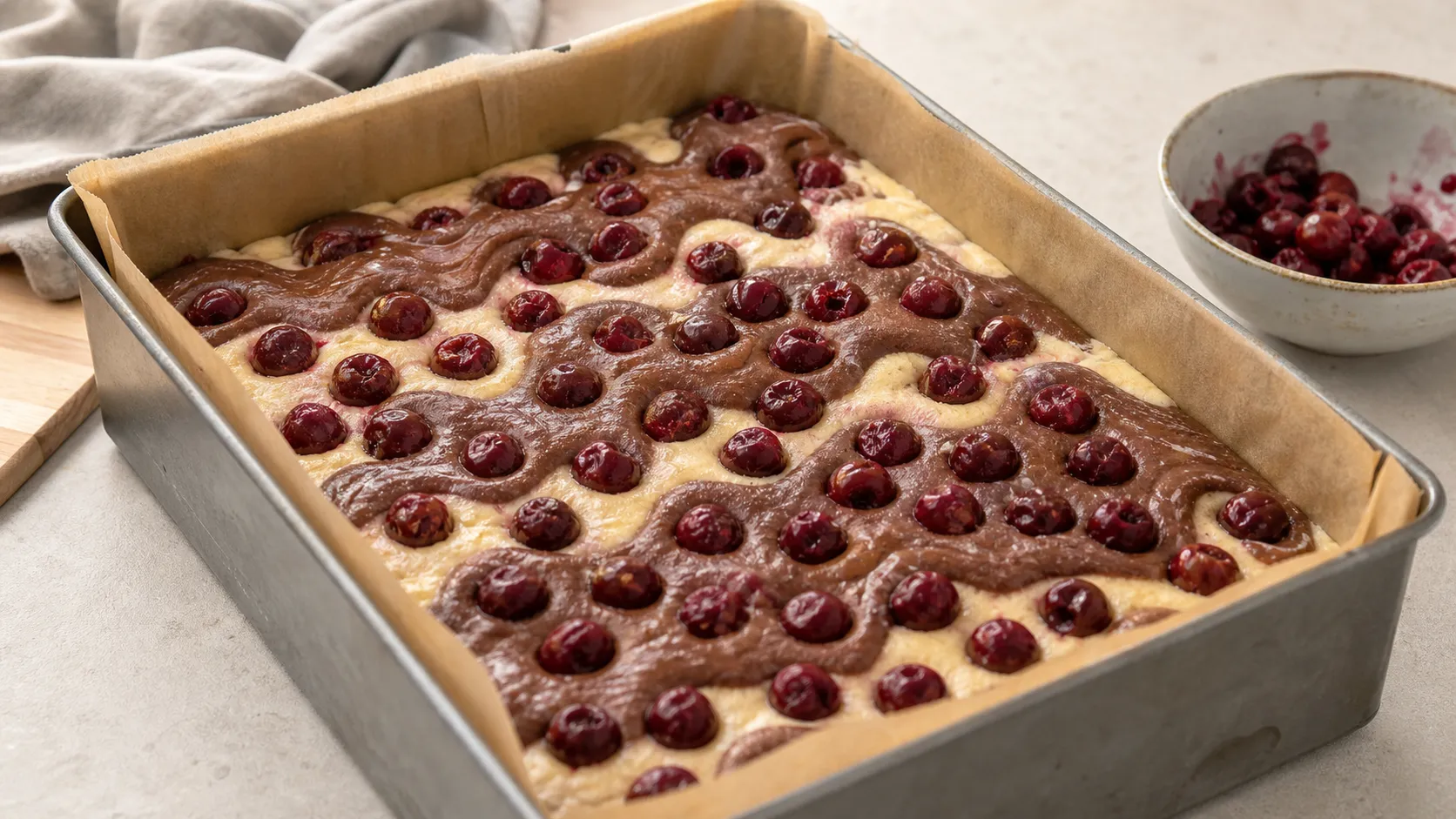 Kirschen sinken beim Backen in den dunklen Teig und formen die typischen Wellen