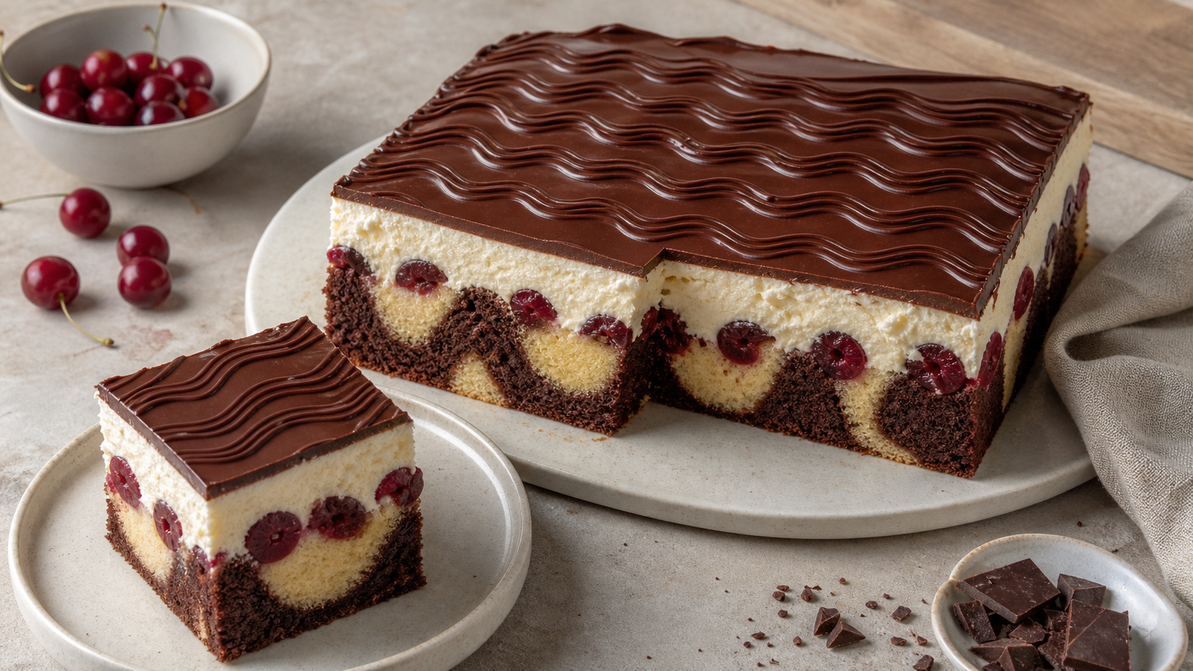 Angeschnittene Keto Donauwelle mit Kirschen, Buttercreme und gewellter Schokoglasur