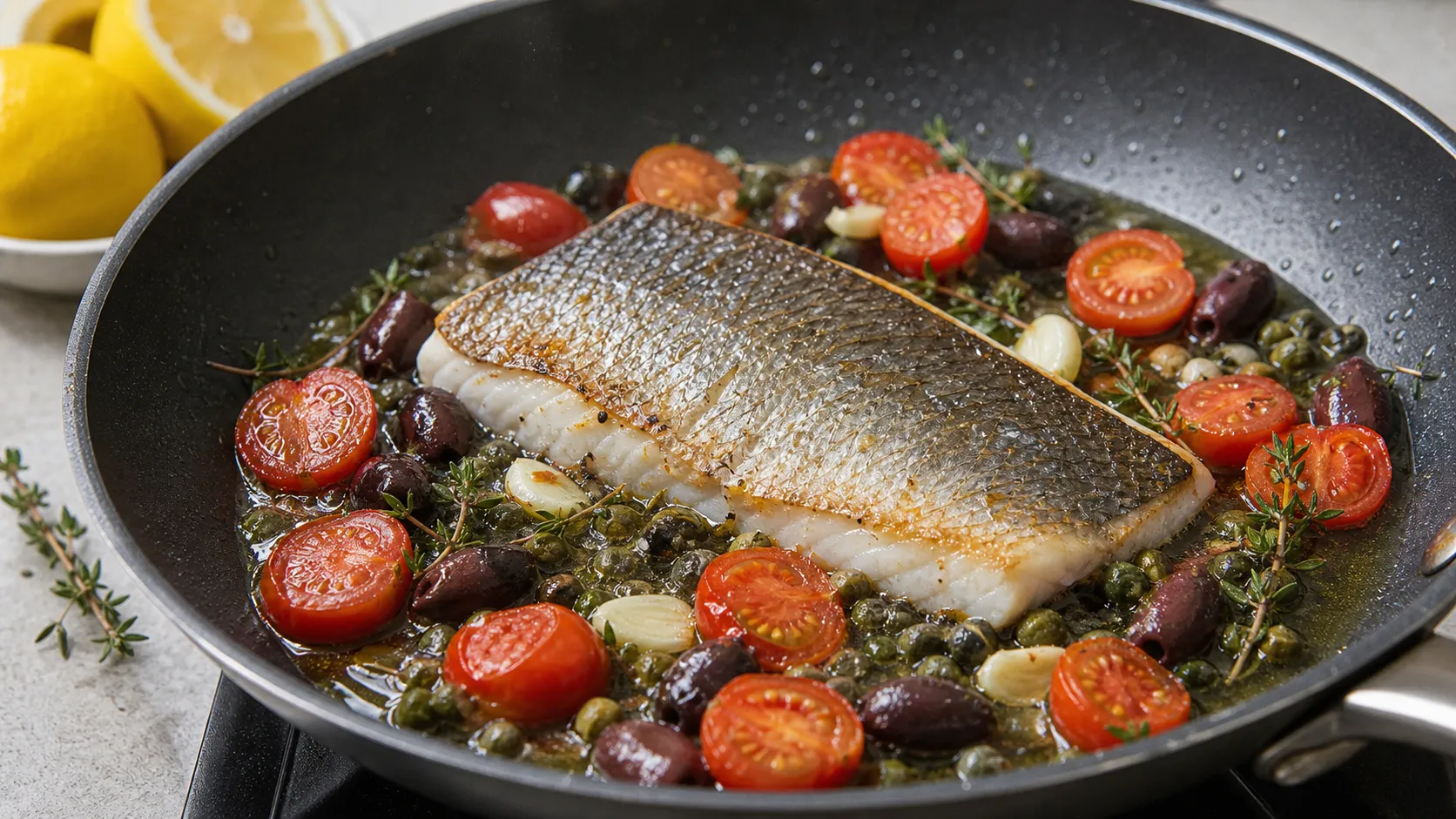 Doradenfilet brät mit Tomaten, Oliven, Kapern und Thymian in der Pfanne