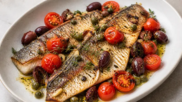 Keto Doradenfilet mediterran mit Cocktailtomaten, Kalamata-Oliven, Kapern, Thymian und Zitrone