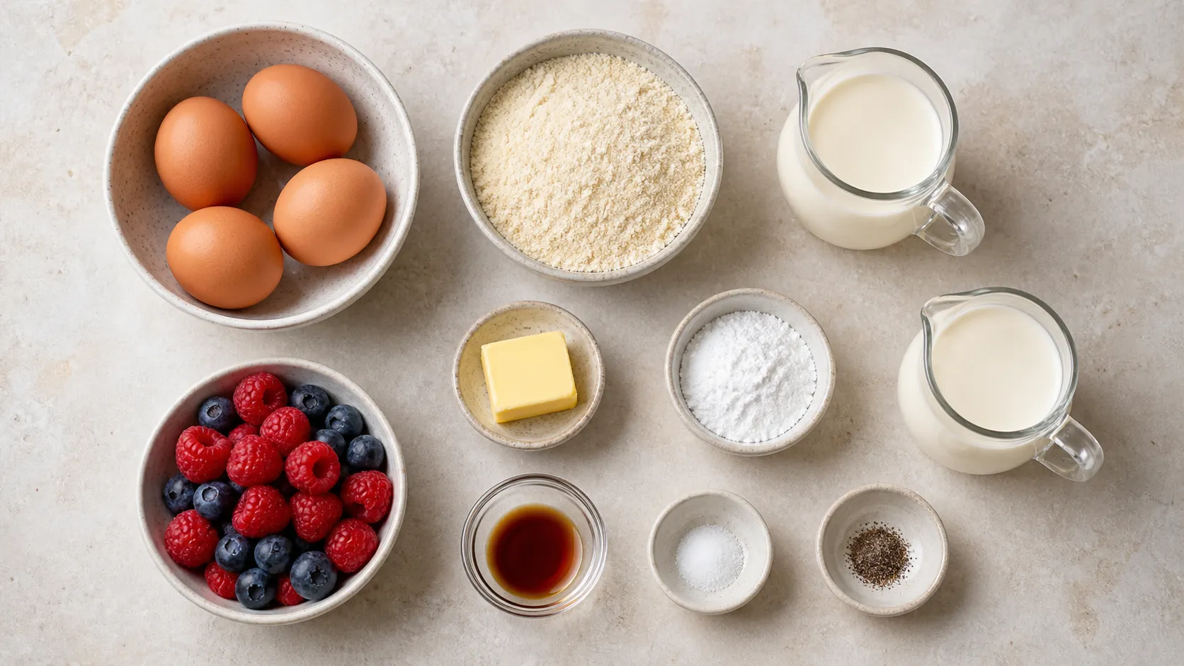 Zutaten für den Keto-Dutch-Baby: Eier, Mandelmehl, Sahne, Butter, Erythrit und gemischte Beeren