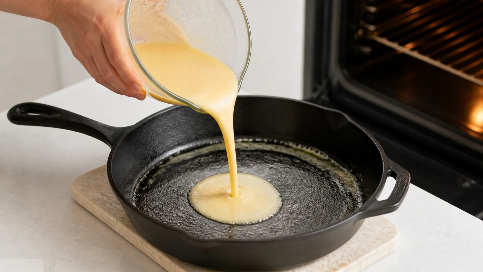 Flüssiger Keto-Dutch-Baby-Teig wird in eine vorgeheizte gusseiserne Pfanne mit dünner Butterschicht gegossen