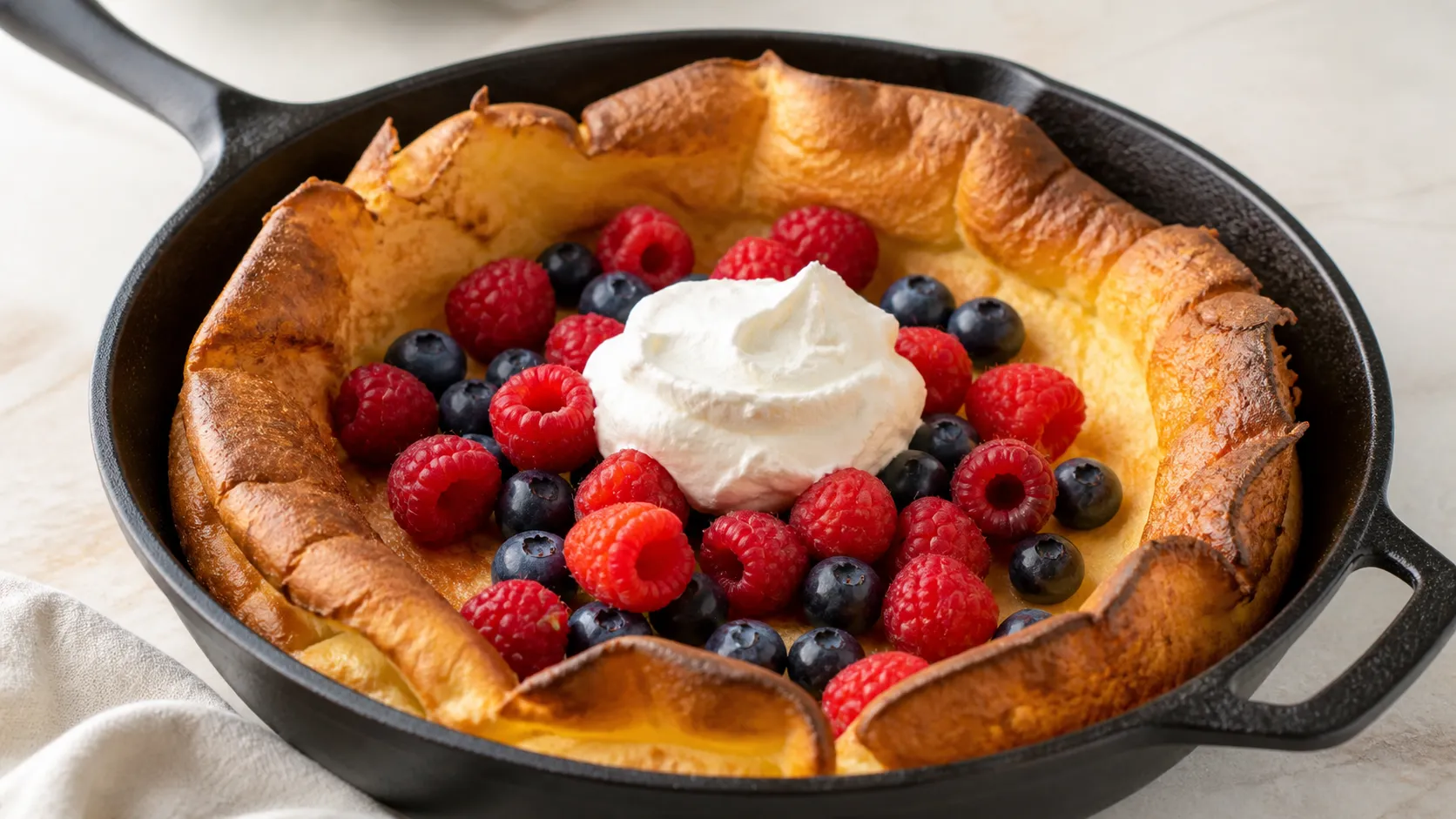Goldbrauner Keto-Dutch-Baby aus Mandelmehl in der Eisenpfanne mit roten Himbeeren, Blaubeeren und Vanillesahne