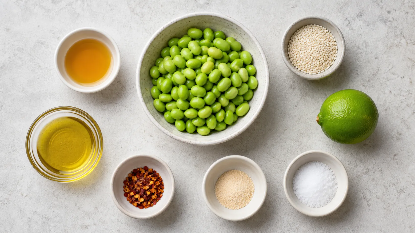 Zutaten für Keto Edamame-Knabberbohnen: ausgelöste Edamame, Sesamöl, Olivenöl, Sesam, Chiliflocken und Meersalz