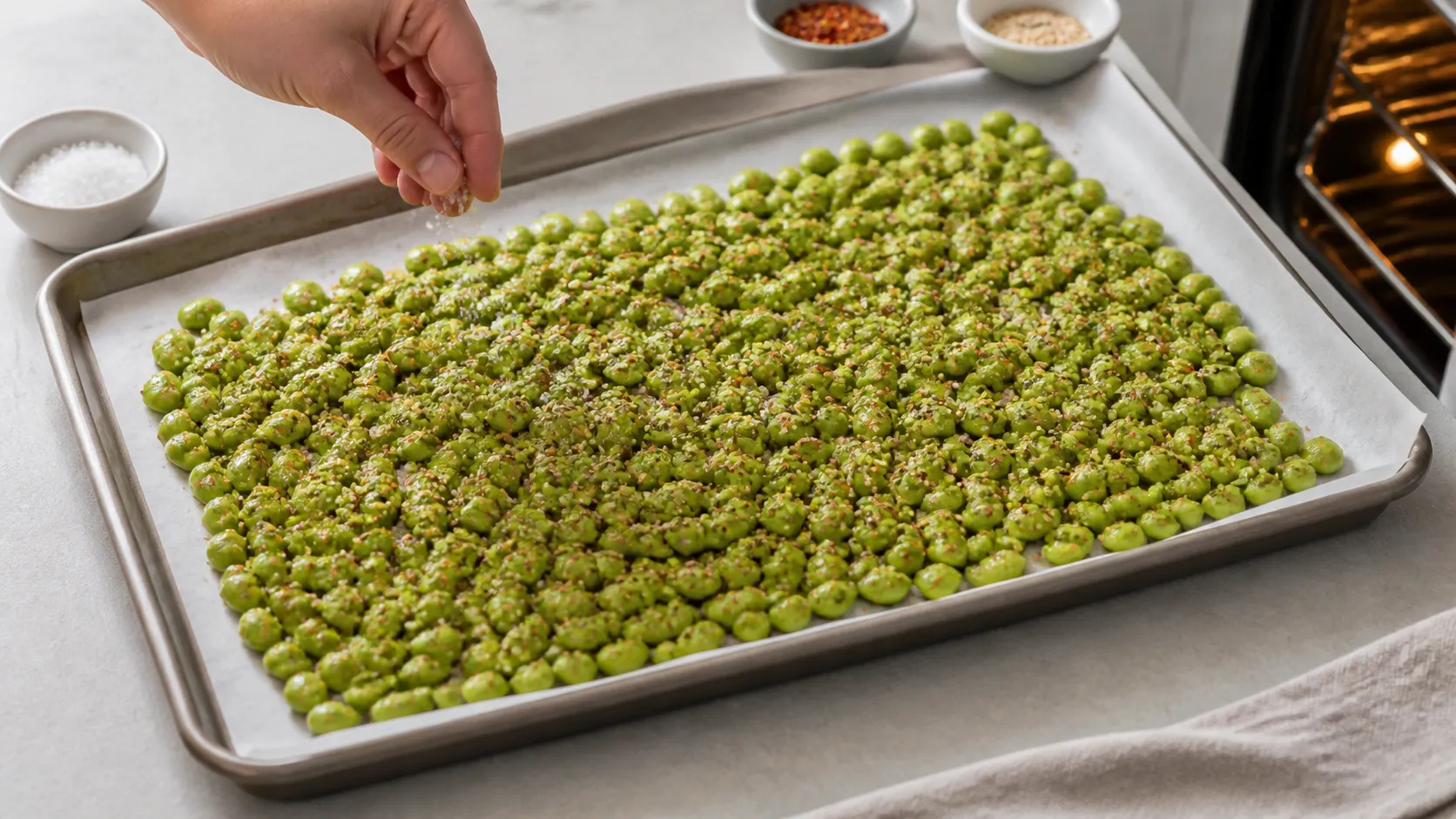 Edamame liegen in einer Schicht auf einem Backblech mit Backpapier vor dem Rösten im Ofen