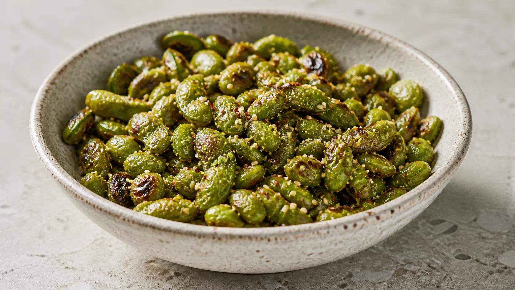 Schale mit knusprig gerösteten Keto Edamame-Knabberbohnen, bestreut mit Sesam, Chiliflocken und Meersalz