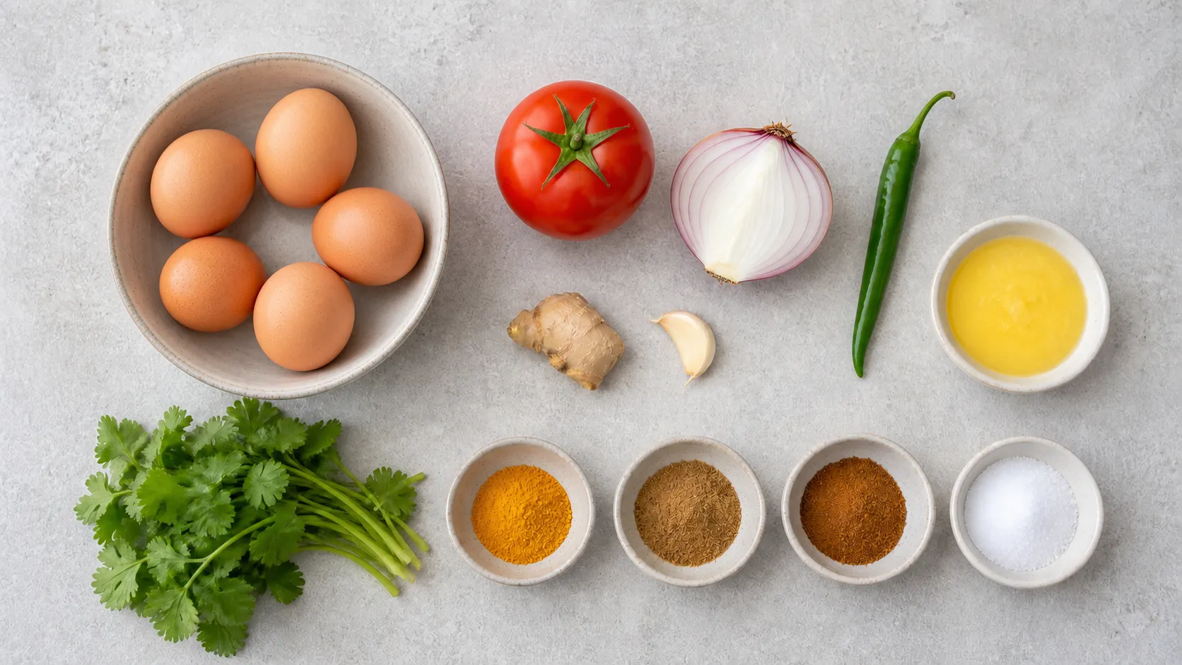 Zutaten für Keto-Egg-Bhurji im Flatlay: fünf Eier, Tomate, Zwiebel, grüne Chili, Ingwer, Knoblauch, Ghee, Gewürze und Koriander