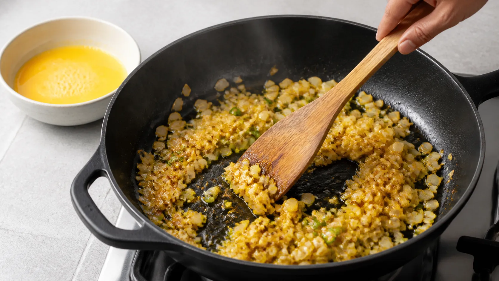 Zwiebeln, grüne Chili, Ingwer, Knoblauch und Gewürze rösten für Keto-Egg-Bhurji in Ghee, die verquirlten Eier stehen bereit