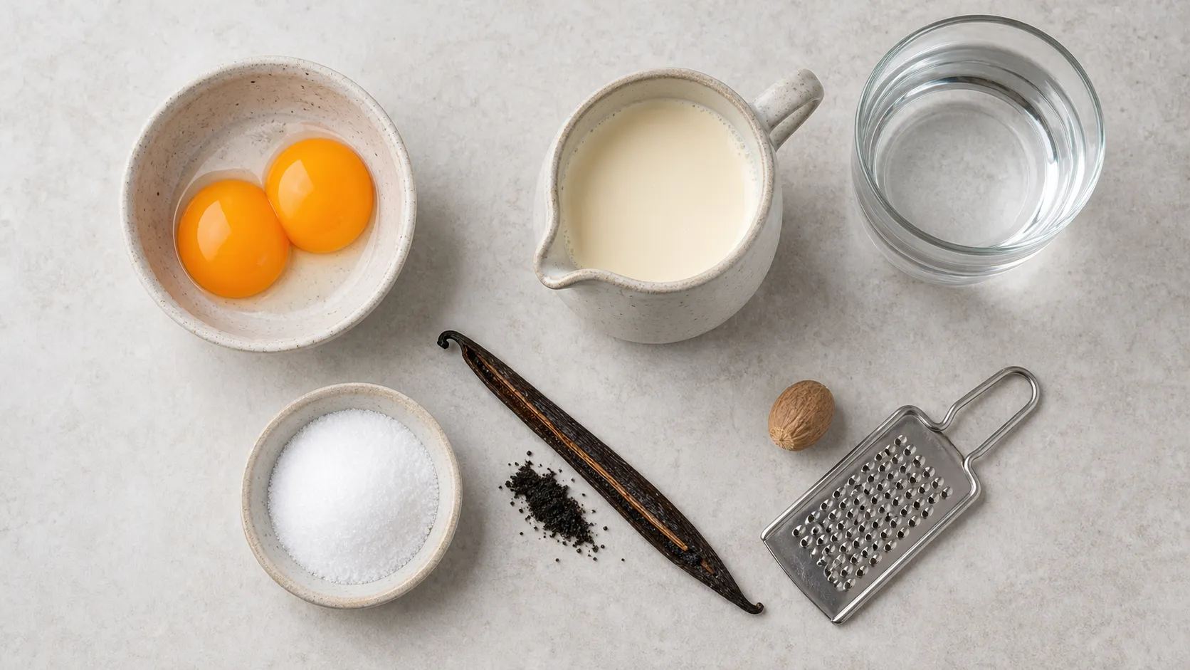 Flatlay der Zutaten für warmen Keto-Eierpunsch mit Eigelb, Sahne, Wasser, Vanille, Erythrit und Muskat