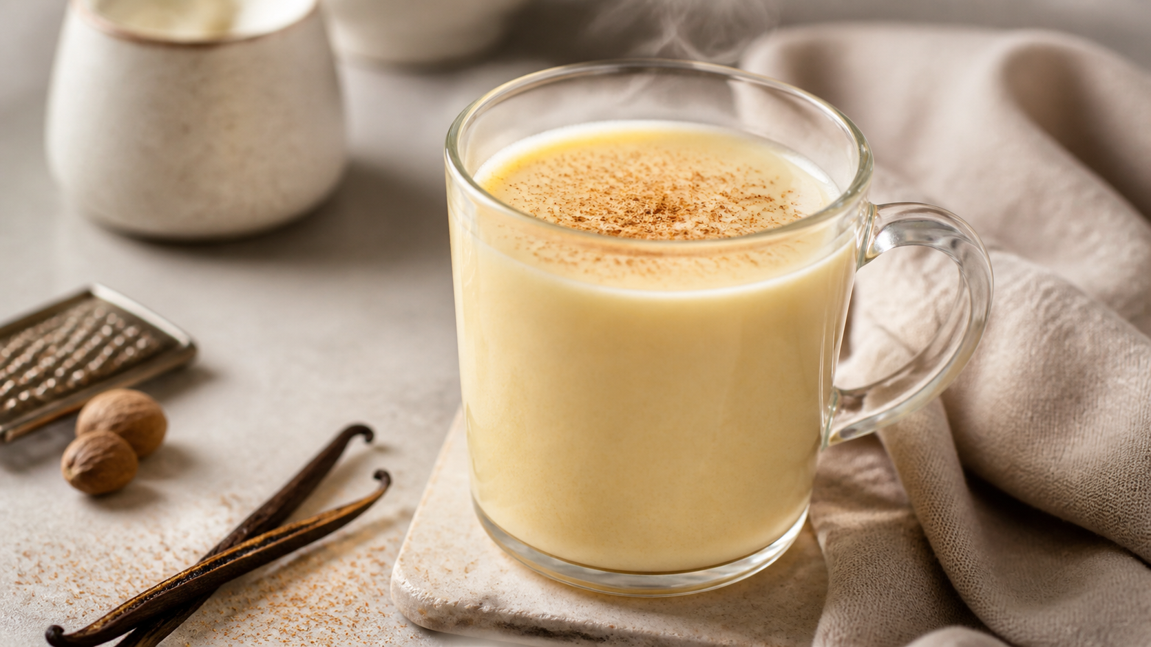 Warmer Keto-Eierpunsch mit Vanille und Muskat in einer Glastasse