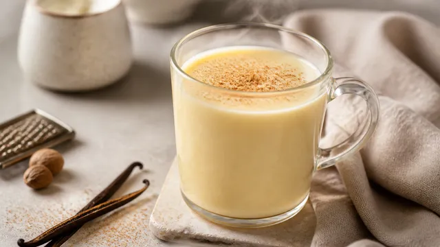 Warmer Keto-Eierpunsch mit Vanille und Muskat in einer Glastasse