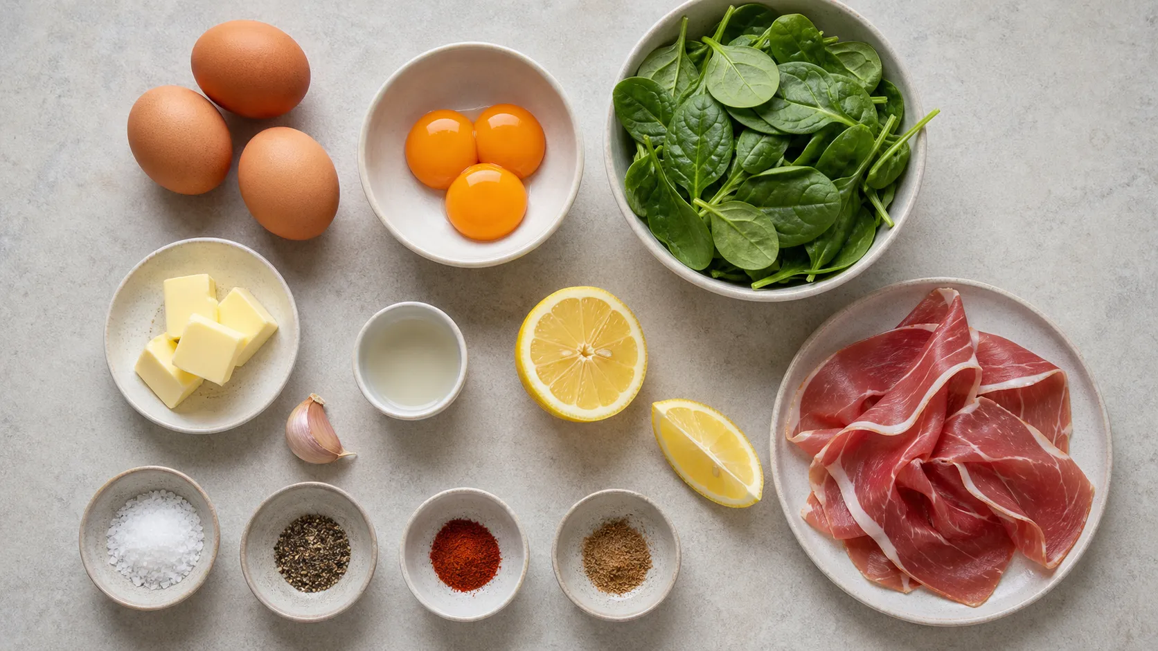 Zutaten für Keto Eggs Benedict: Eier, Babyspinat, Serrano-Schinken, Butter, Zitrone und Pfeffer