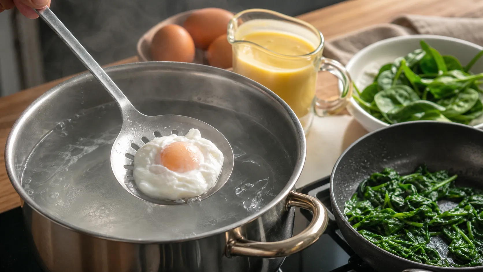 Pochiertes Ei wird mit Schaumkelle aus dem Wasserbad gehoben, daneben warme Sauce Hollandaise im Glas