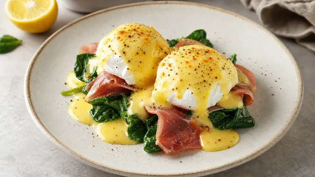 Keto Eggs Benedict mit pochiertem Ei, Spinat, Serrano-Schinken und Sauce Hollandaise auf weißem Teller
