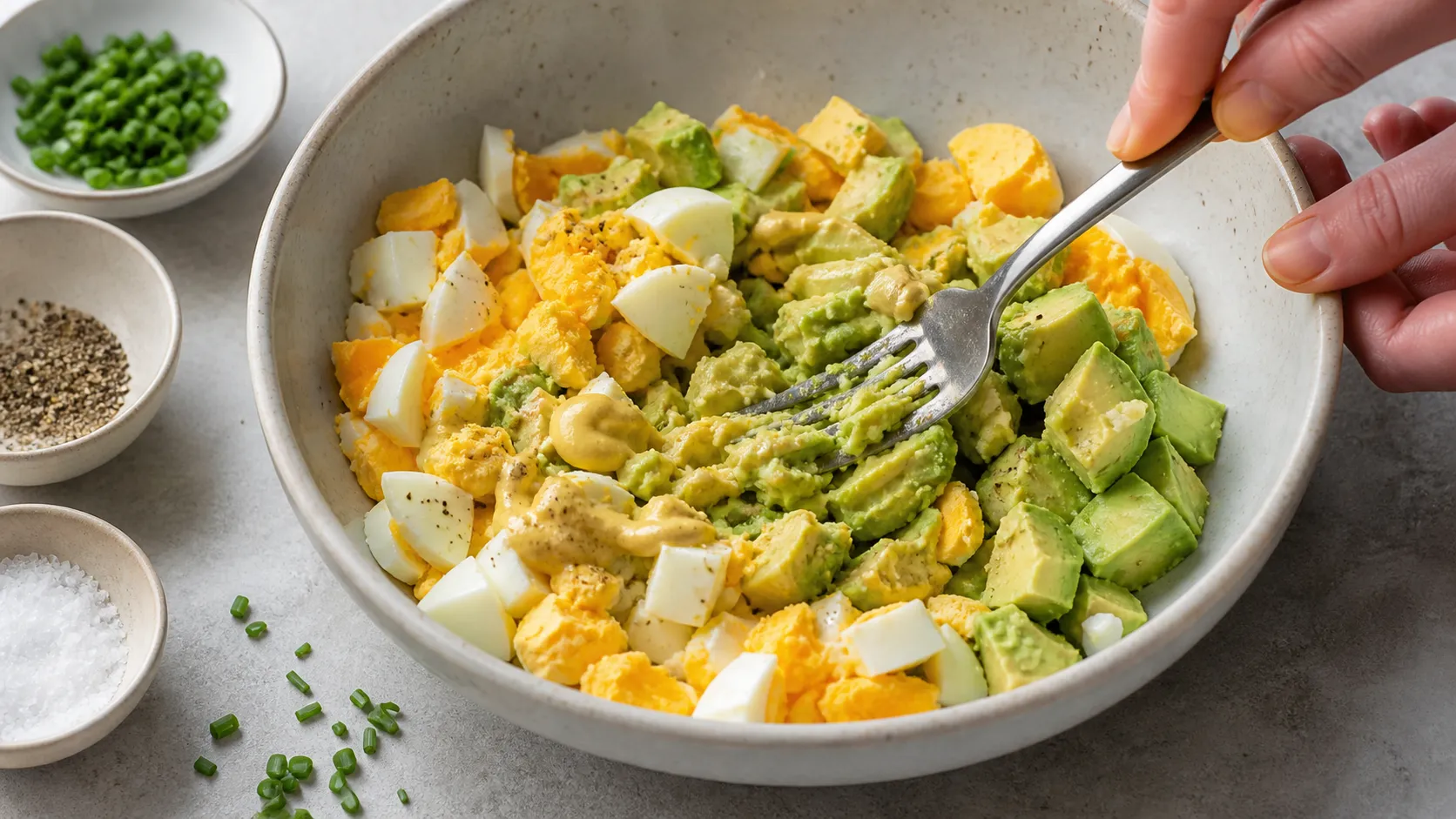 Avocado und hartgekochte Eier werden mit Dijonsenf in einer Schüssel für Keto Ei-Avocado-Salat zerdrückt