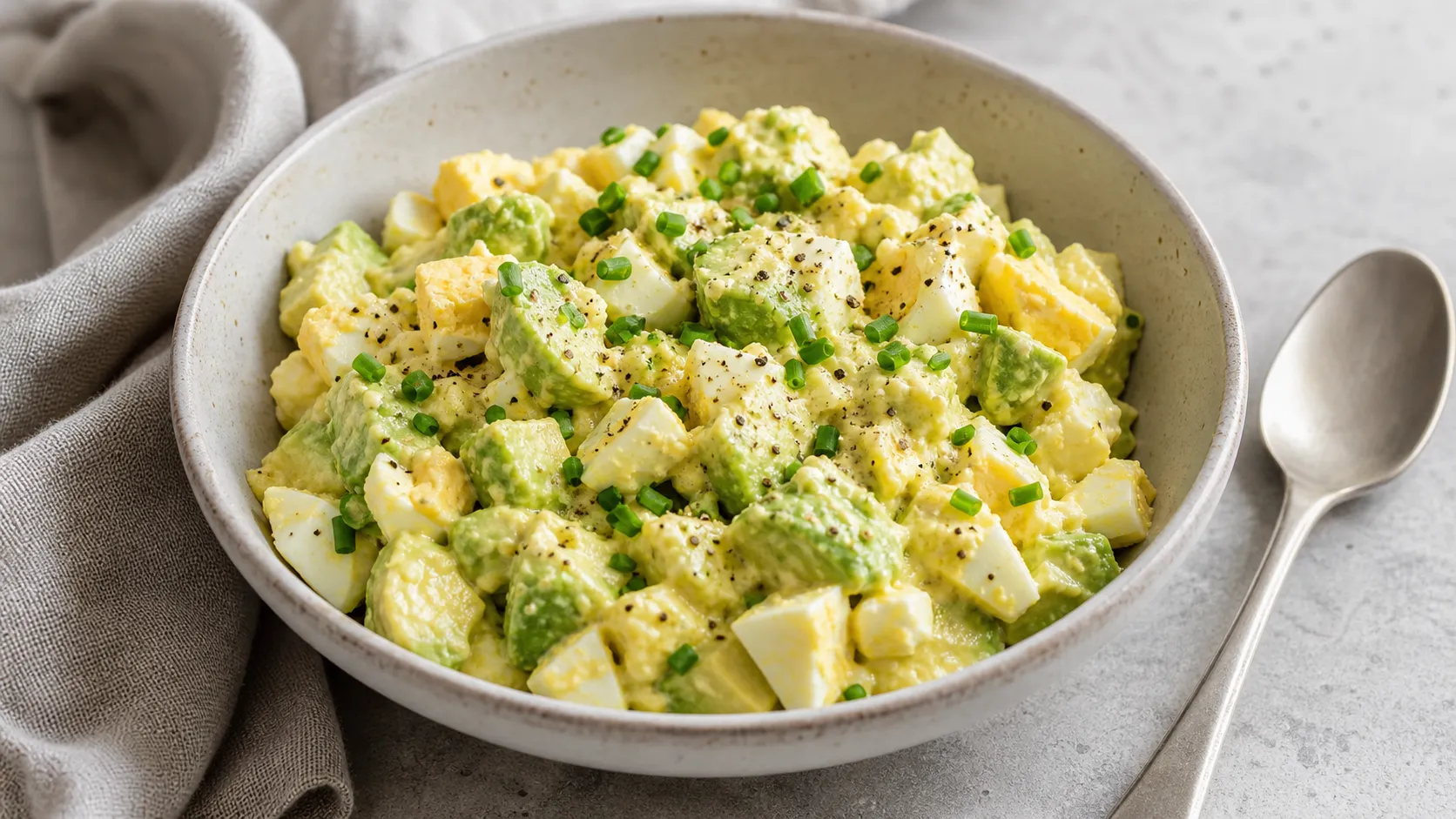 Cremiger Keto Ei-Avocado-Salat mit hartgekochten Eiern, Avocado und Schnittlauch in einer Schüssel