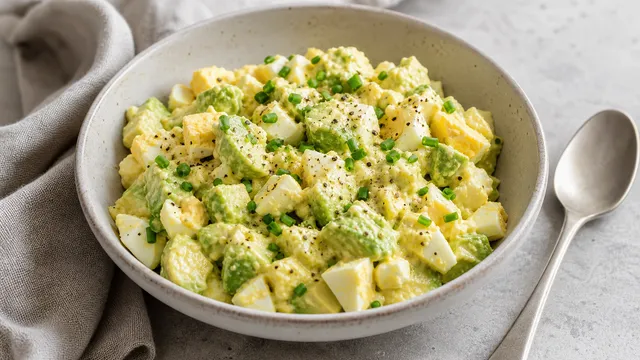 Cremiger Keto Ei-Avocado-Salat mit hartgekochten Eiern, Avocado und Schnittlauch in einer Schüssel