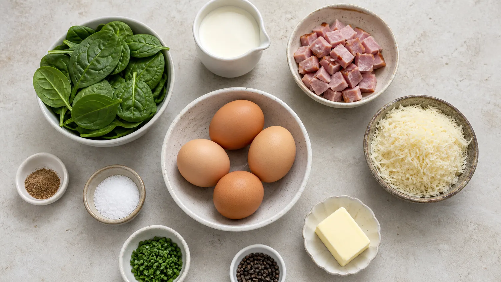 Zutaten für Keto Eier en Cocotte: Eier, Blattspinat, Kochschinken, Sahne, Butter, Gruyère und Muskatnuss