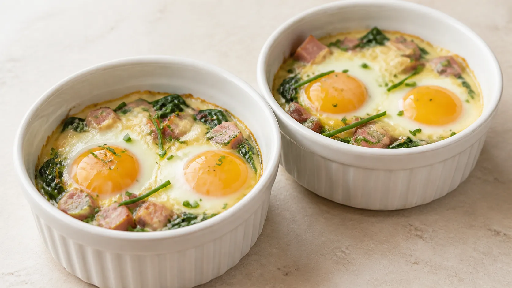 Zwei Auflaufförmchen mit Keto Eier en Cocotte, wachsweichem Eigelb, Spinat, Schinken und Schnittlauch