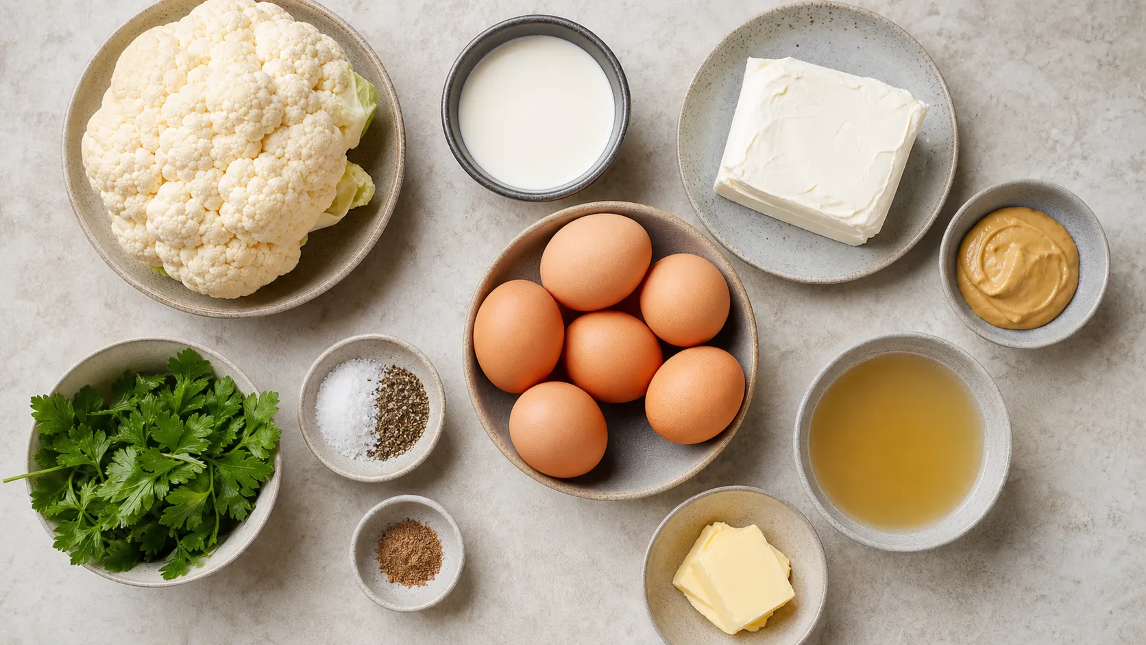 Zutaten für Keto-Eier in Senfsauce: Eier, Blumenkohl, Sahne, Frischkäse, Senf, Butter und Petersilie