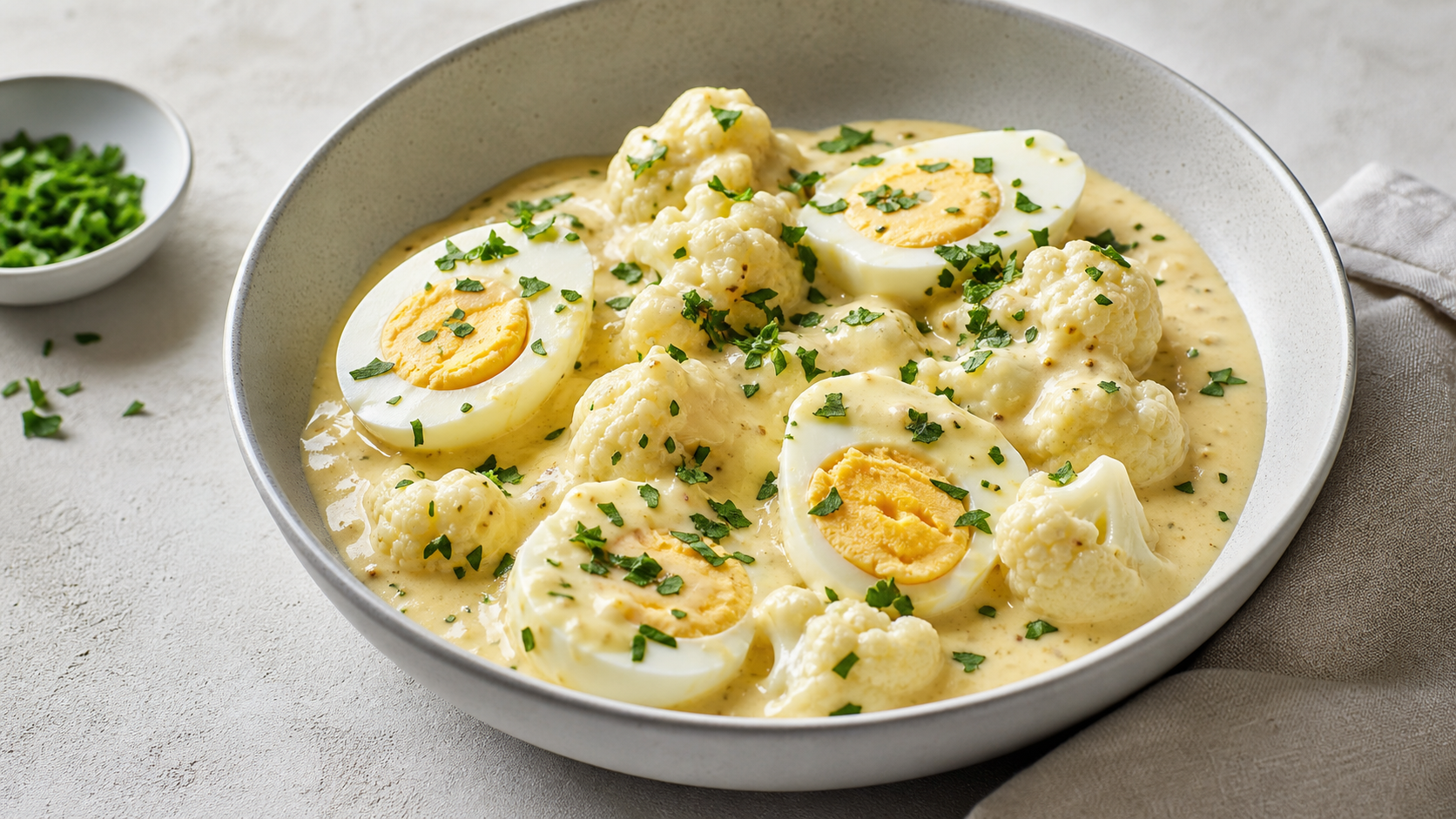 Halbierte hart gekochte Eier in cremiger Senfsauce mit Blumenkohlröschen und Petersilie in einem tiefen Teller
