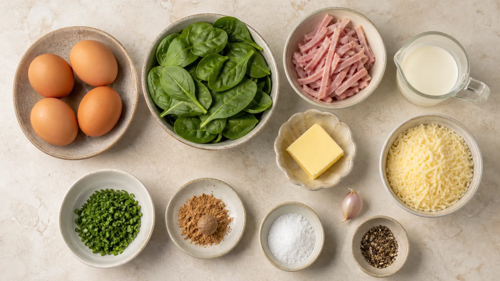 Zutaten für die Keto-Eier-Kokotte: Eier, frischer Blattspinat, Kochschinken, Sahne, geriebener Bergkäse, Butter und Schnittlauch