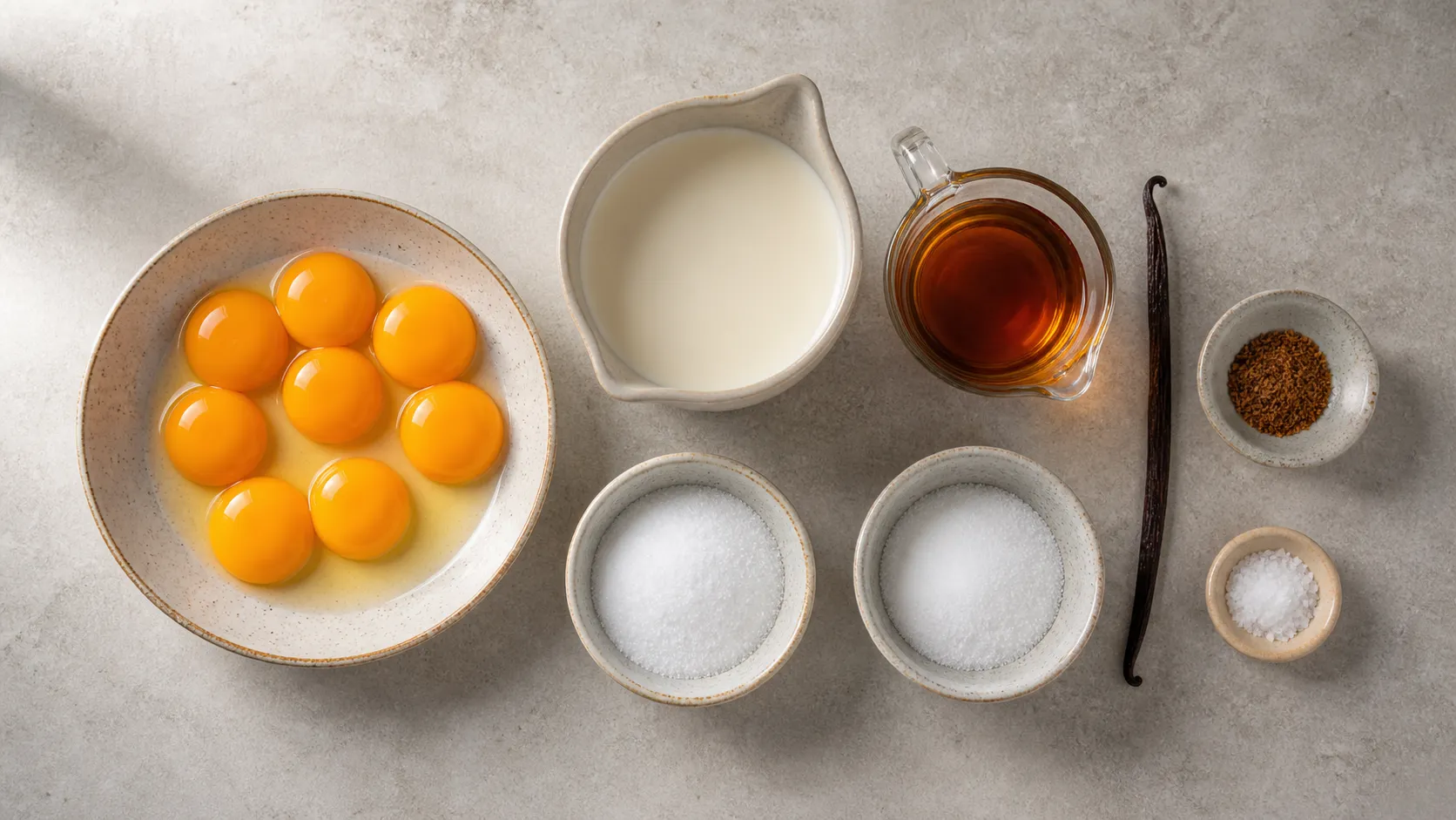 Zutaten für Keto-Eierlikör: Eigelbe, Sahne, brauner Rum, Erythrit, Allulose und eine Vanilleschote