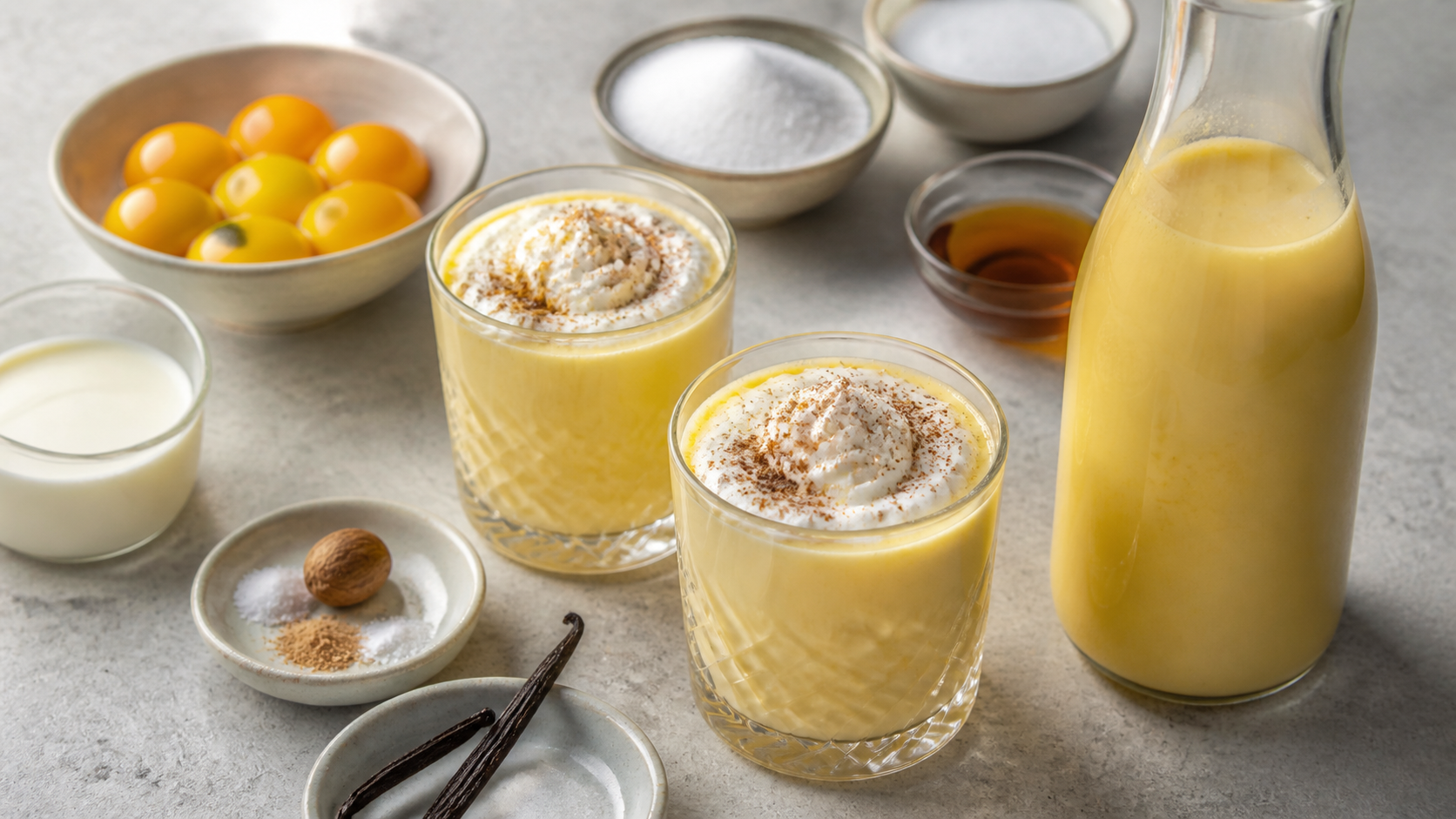 Zwei Gläser gelber Keto-Eierlikör mit Sahnehaube und Muskatnuss, daneben eine Flasche