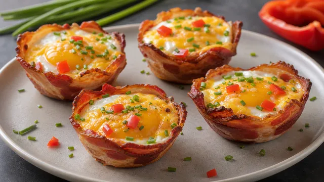 Keto Eiermuffins mit Bacon, Cheddar, Paprika und Schnittlauch auf einem Teller