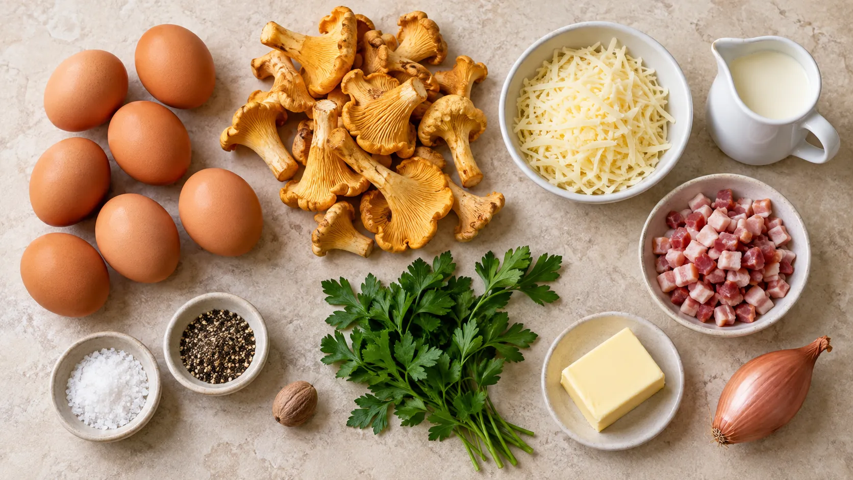 Zutaten für Eiermuffins: frische Pfifferlinge, Eier, geriebener Bergkäse, Speckwürfel, Sahne und Petersilie