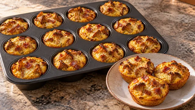 Zwölf goldgelbe Eiermuffins mit Pfifferlingen und geschmolzenem Bergkäse in einem Muffinblech