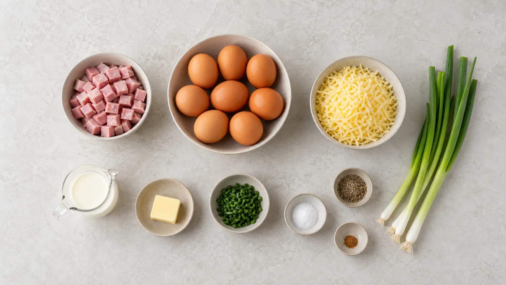 Zutaten für Keto-Eiermuffins: Eier, Sahne, gewürfelter Kochschinken, geriebener Gouda, Frühlingszwiebeln und Butter