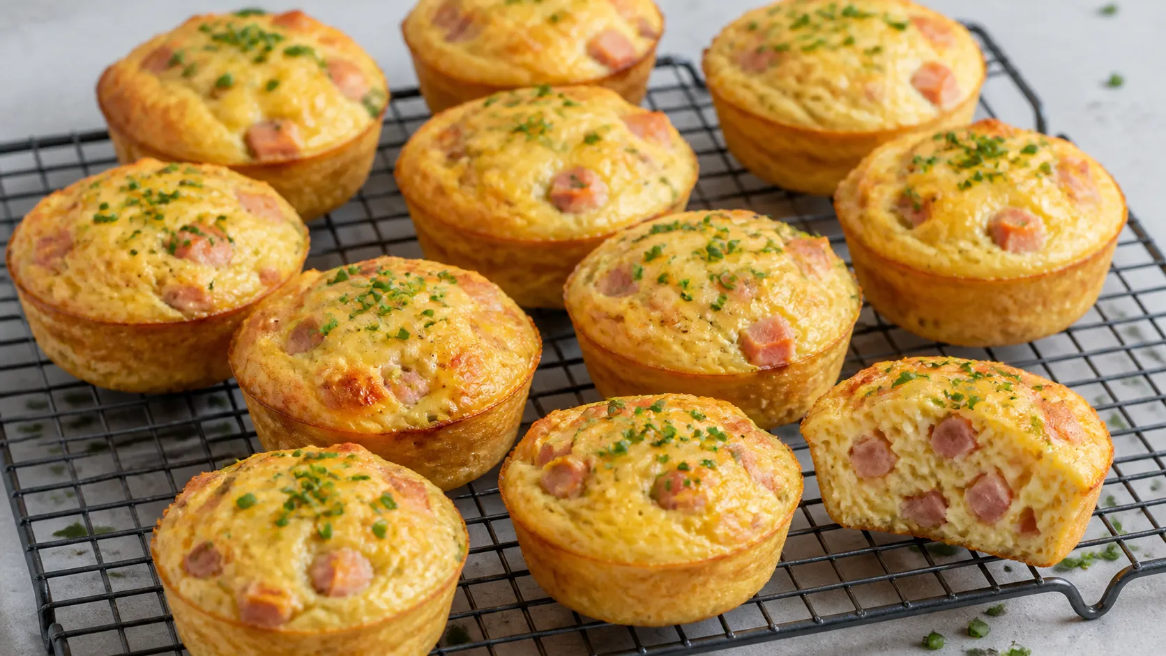 Goldgelbe Keto-Eiermuffins mit Kochschinken, Käse und Schnittlauch auf einem Kuchengitter