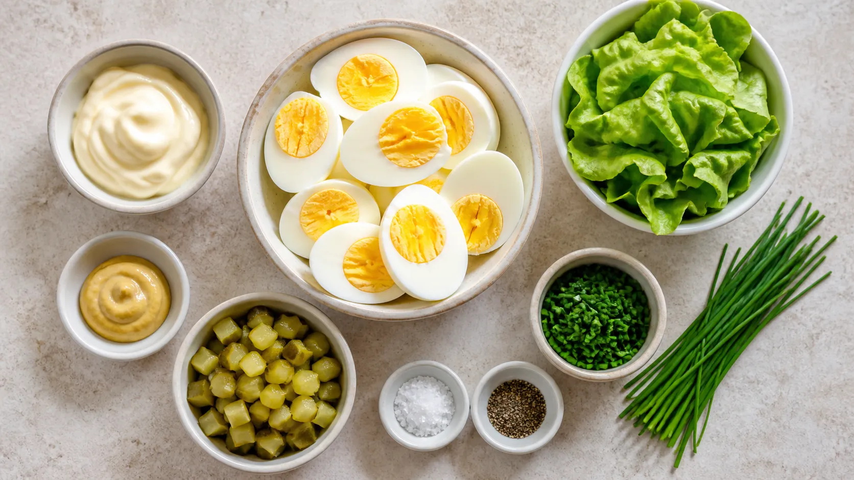 Zutaten für Keto Eiersalat: gekochte Eier, Mayonnaise, Senf, Gewürzgurke und Schnittlauch
