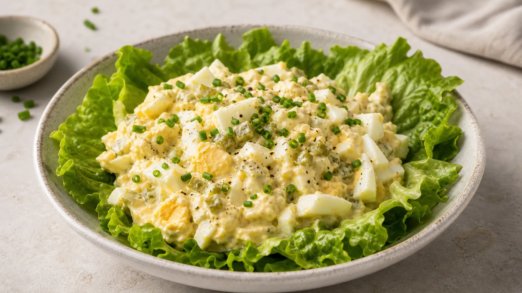 Keto Eiersalat mit Mayonnaise und Schnittlauch auf knackigen Salatblättern angerichtet