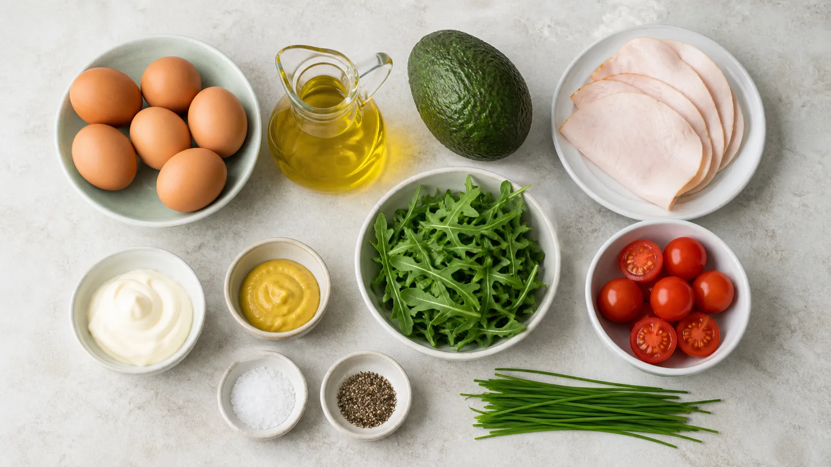 Zutaten für Keto Eier-Wraps: Eier, Putenbrust-Aufschnitt, Avocado, Rucola, Cherry-Tomaten, Mayonnaise und Senf