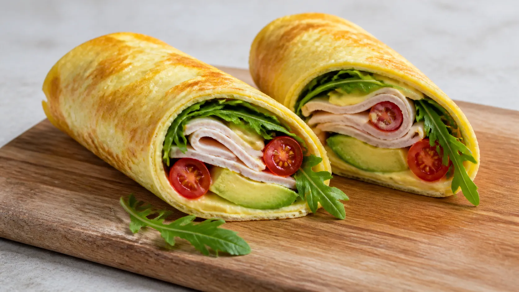 Aufgeschnittener Keto Eier-Wrap mit Putenbrust, Avocadoscheiben, Rucola und Cherry-Tomaten auf einem Holzbrett