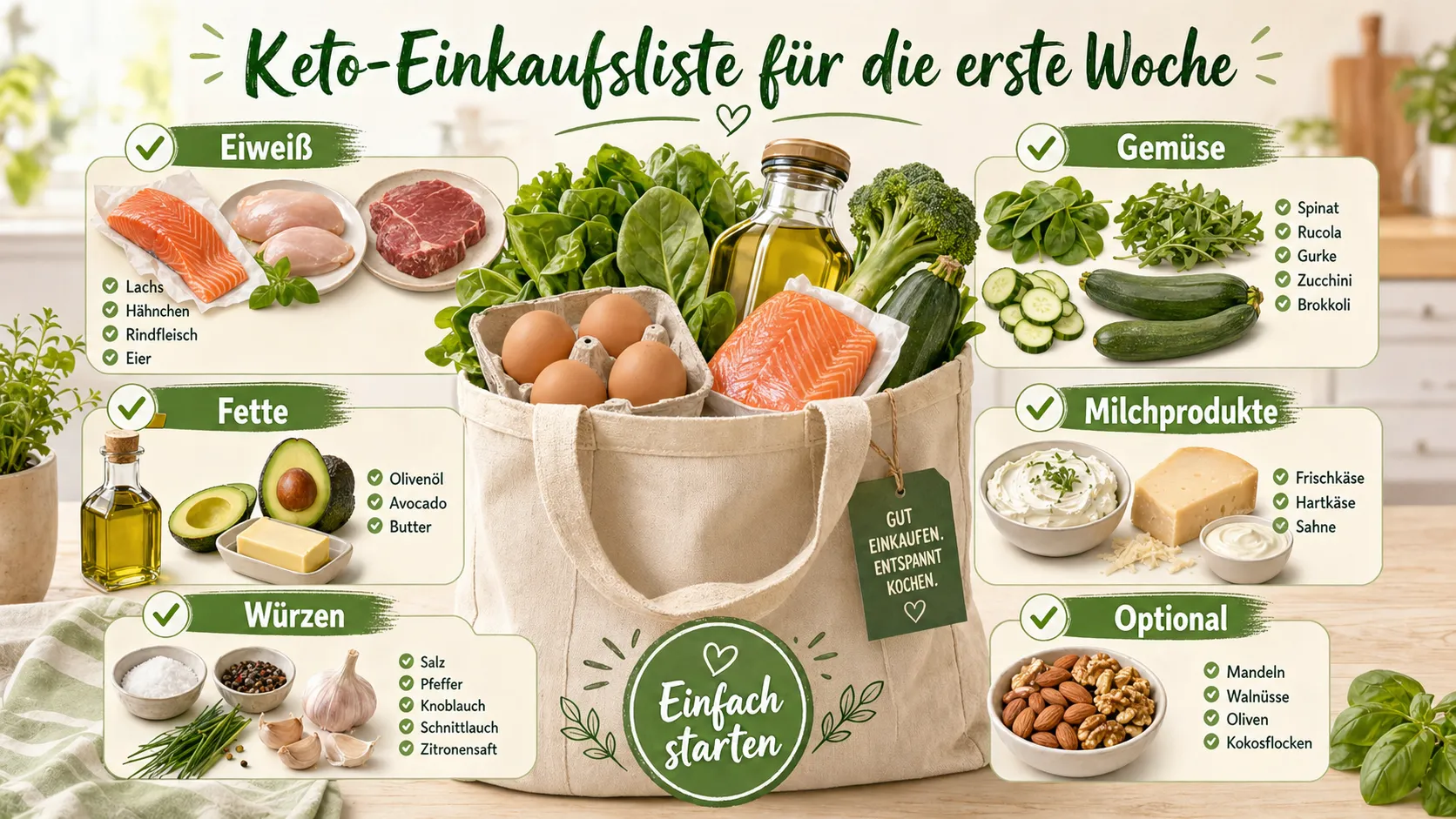 Infografik Keto-Einkaufsliste für die erste Woche mit Eiweiß, Gemüse, Fetten, Milchprodukten, Gewürzen und optionalen Nüssen
