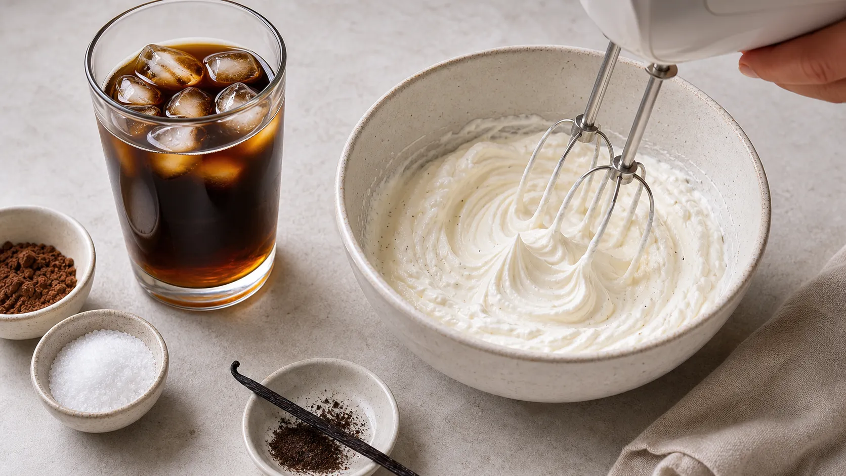 Sahne wird mit Vanille und Erythrit steif geschlagen, daneben ein Glas mit kaltem Kaffee und Eis