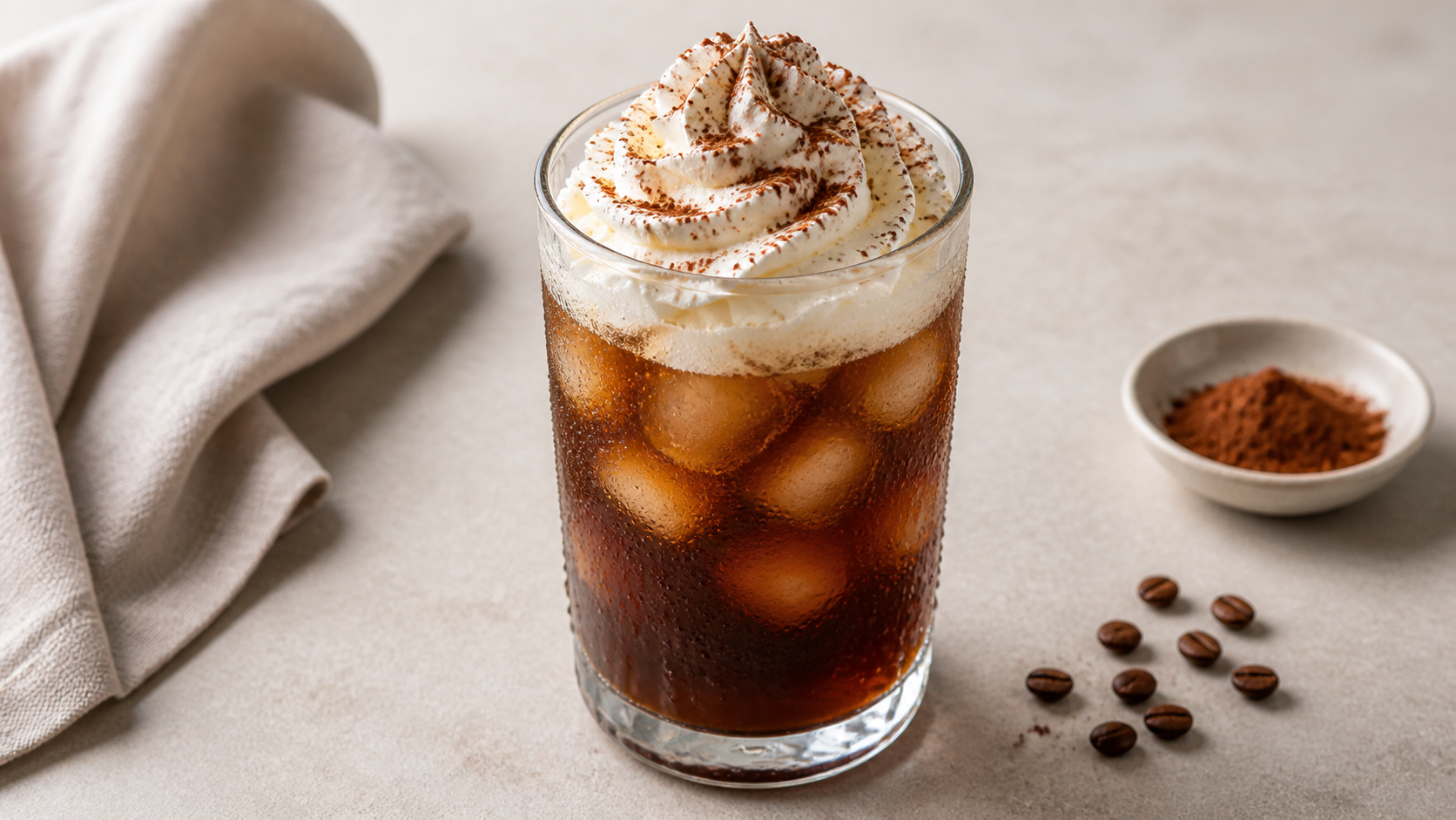 Keto Eiskaffee im Glas mit Eiswürfeln, Schlagsahnehaube und einer Prise Kakao