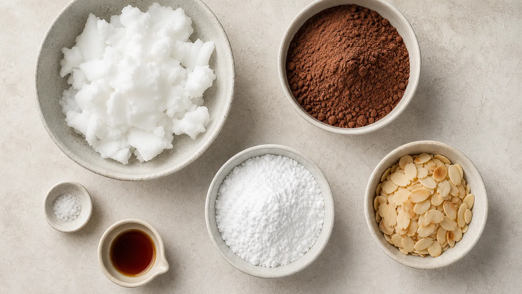 Zutaten für Keto Eiskonfekt: Kokosfett, Backkakao, Puder-Erythrit und Mandelblättchen