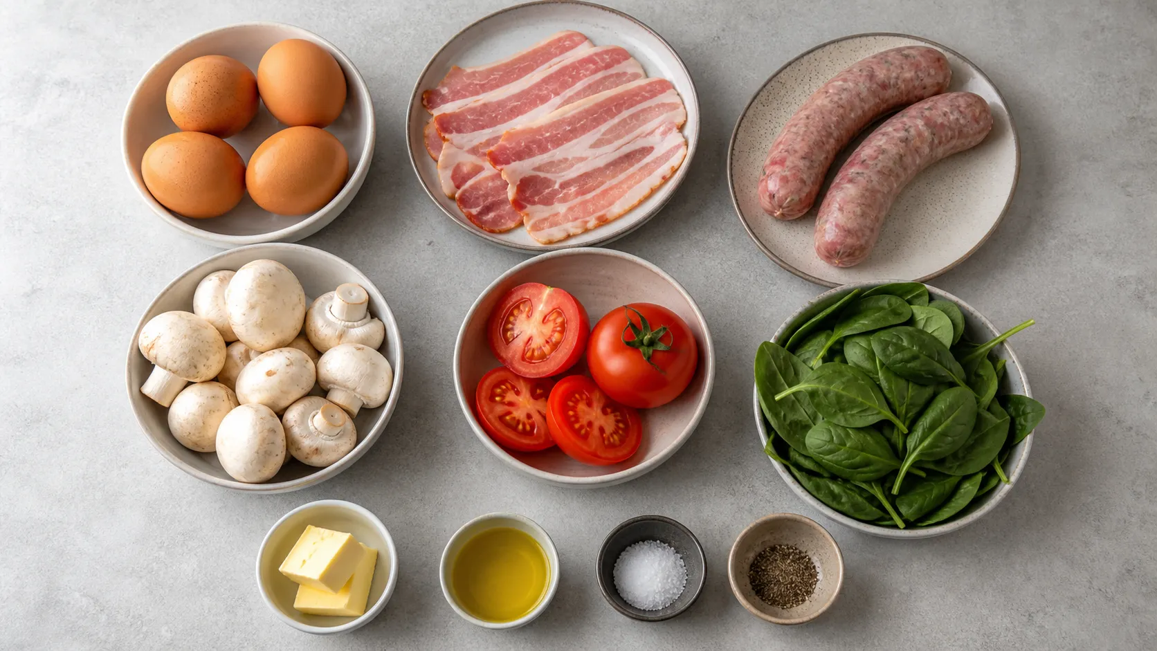 Zutaten für Keto English Breakfast: Eier, Bacon, Bratwürste, Champignons, Tomaten, Babyspinat und Butter