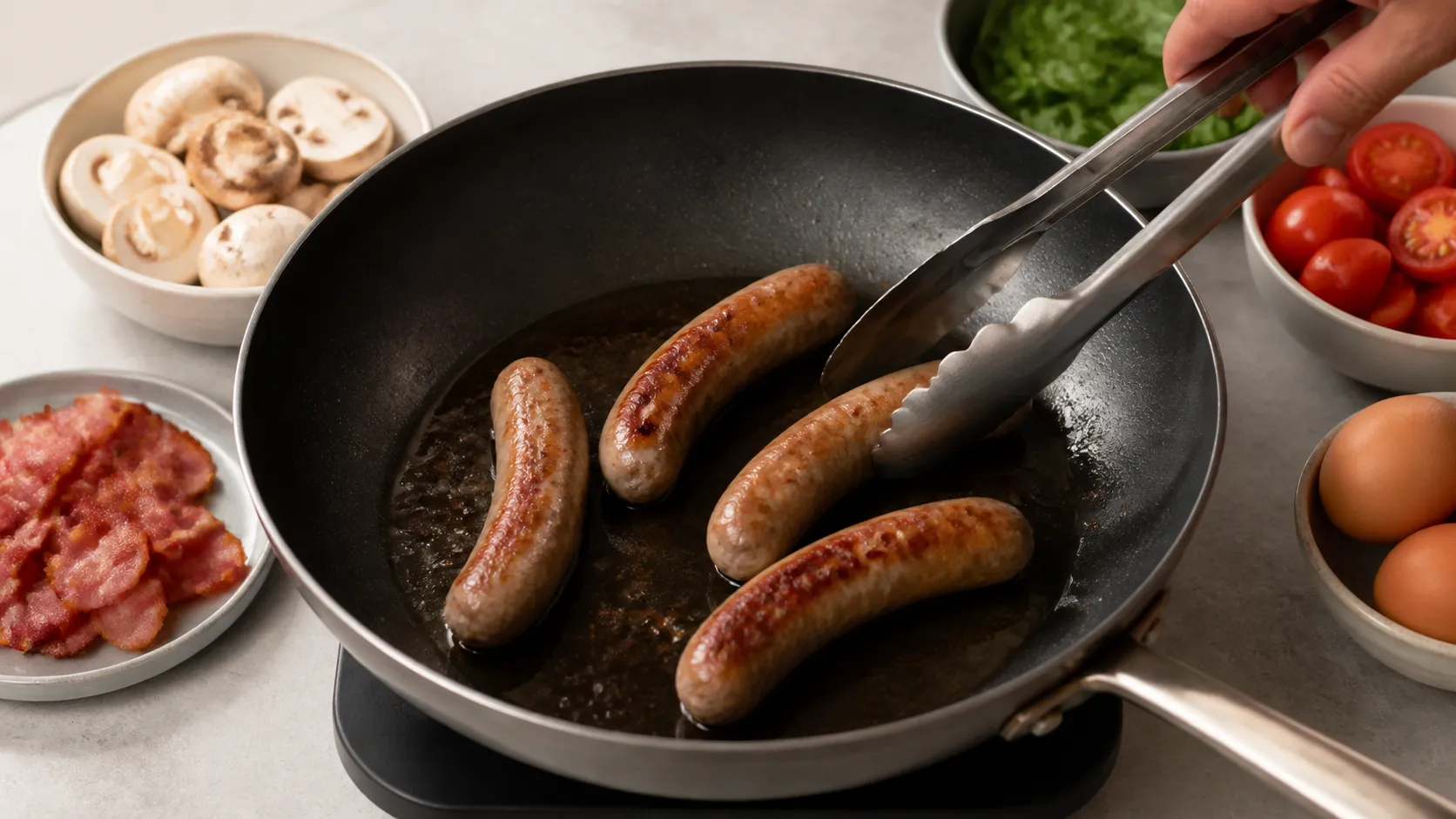 Bratwürste, Bacon und Champignons braten nacheinander in einer großen Pfanne