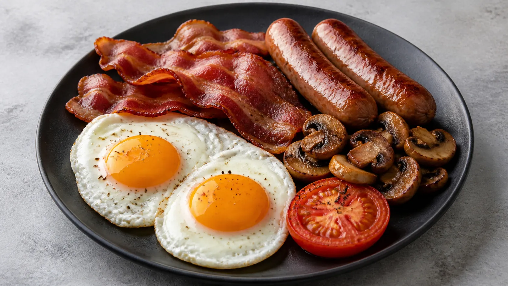 Keto English Breakfast auf einem Teller: zwei Spiegeleier, Bacon, gebratene Bratwurst, Champignons, gegrillte Tomatenhälften und Spinat