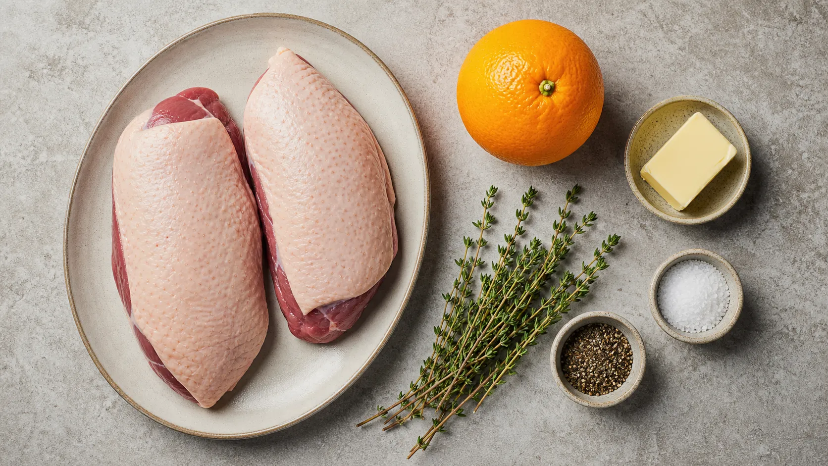 Zutaten für Keto Entenbrust: Entenbrust, Bio-Orange, Thymian, Butter, Salz und Pfeffer