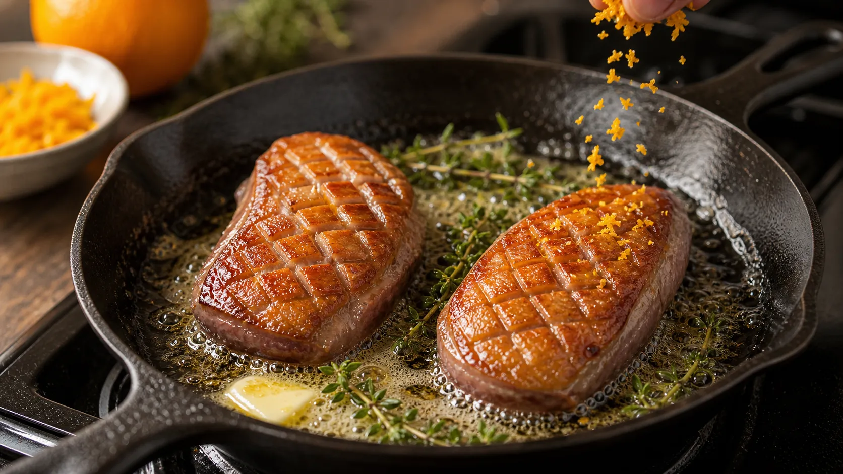Entenbrust brät mit der Hautseite in der Pfanne und wird mit Butter, Thymian und Orangenschale aromatisiert