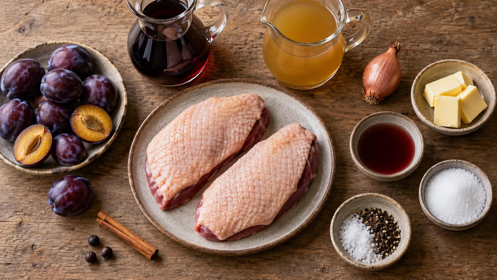 Zutaten für Keto-Entenbrust mit Zwetschgen: Entenbrüste, frische Zwetschgen, Rotwein, Schalotte, Butter und Gewürze