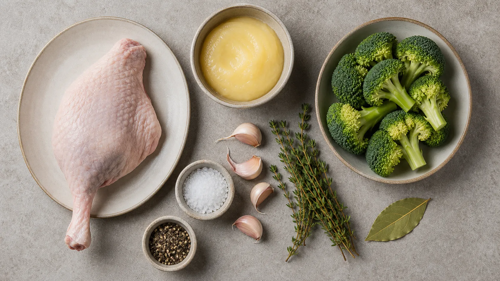 Zutaten für Entenkeule Confit: Entenkeule, Entenfett, Brokkoli, Knoblauch, Thymian, Lorbeer und Salz