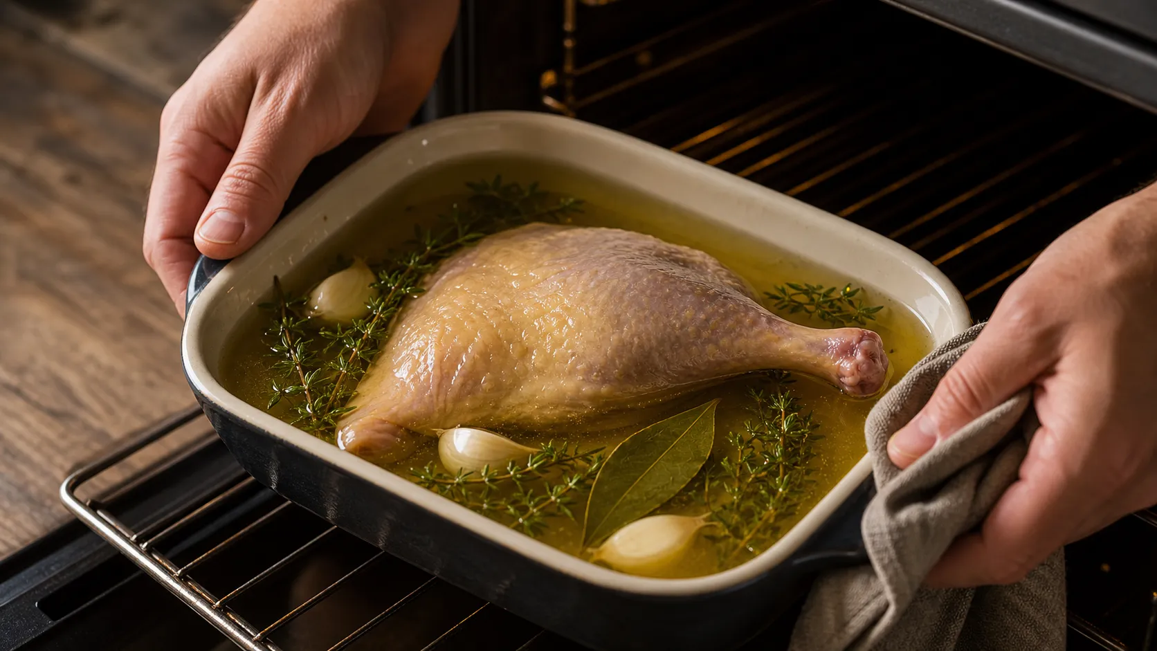 Entenkeule liegt mit Knoblauch, Thymian und Lorbeer in geschmolzenem Entenfett zum Confieren