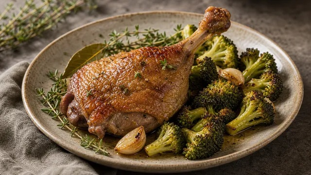 Keto Entenkeule Confit mit knuspriger Haut und gebratenem Brokkoli auf einem Teller